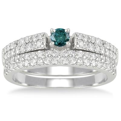 7/8 Carat TW Blue and White Diamond Bridal Set in 10K White Gold
