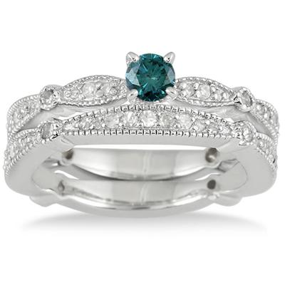 4/5 Carat TW Blue and White Diamond Engagement Bridal Set in 10K White Gold