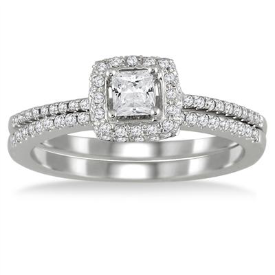 3/5 Carat TW Halo Princess Cut Diamond Bridal Set in 10K White Gold 