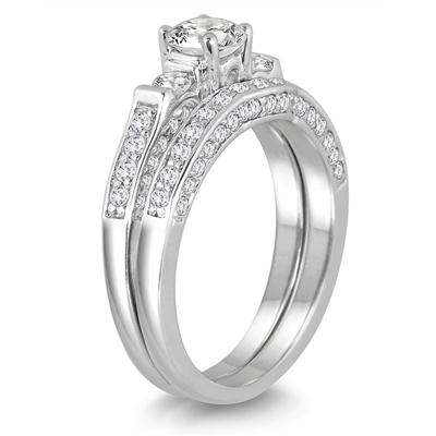 1 1/8 Carat TW Three Stone Diamond Bridal Set in 14K White Gold