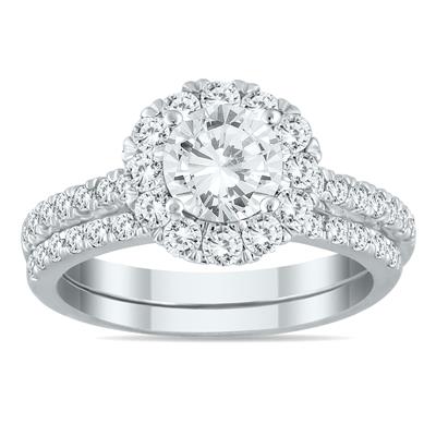 AGS Certified 2 Carat TW Diamond Halo Bridal Set in 14K White Gold (J-K Color, I2-I3 Clarity)
