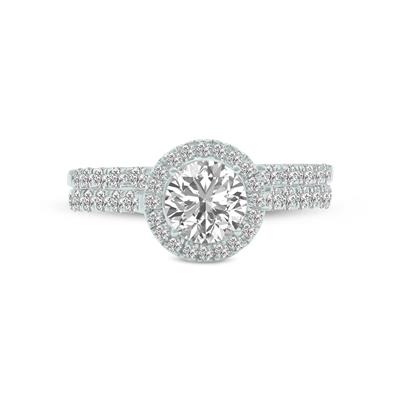 1 1/2 Carat TW Round Cut Lab Grown Diamond Halo Bridal Set in 14K White Gold