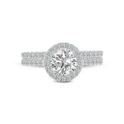 1 3/4 Carat TW Round Cut Lab Grown Diamond Halo Bridal Set in 14K White Gold
