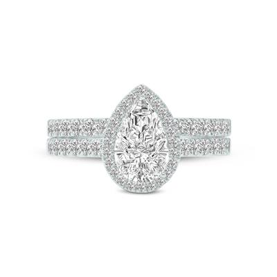 1 3/4 Carat TW Center Pear Shape Lab Grown Diamond Halo Bridal Set in 14K White Gold