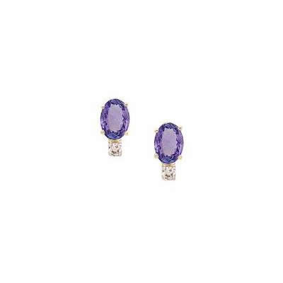 Oval Tanzanite Drop and Diamond Earrings in 14K Yellow Gold