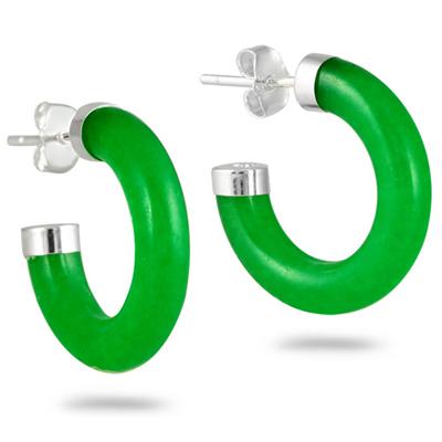 All Natural Green Jade Hoop Earrings in .925 Sterling Silver