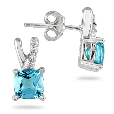1.15 Carat Cushion Cut Swiss Blue Topaz and Diamond Stud Earrings in .925 Sterling Silver