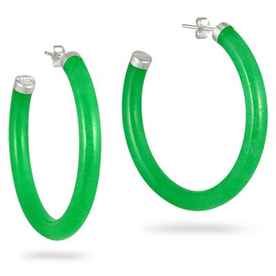 All Natural Green Jade Hoop Earrings in .925 Sterling Silver