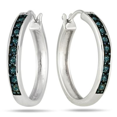1/10 Carat Blue Diamond Hoop Earrings in .925 Sterling Silver