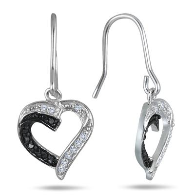 1/5 Carat Black and White Diamond Drop Heart Earrings in .925 Sterling Silver 