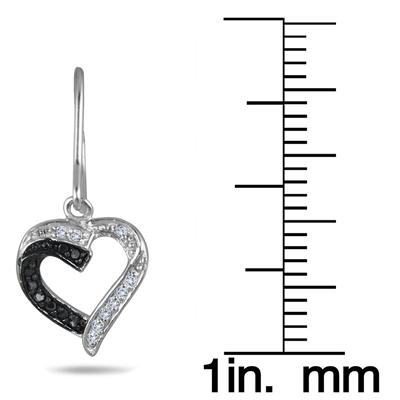 1/5 Carat Black and White Diamond Drop Heart Earrings in .925 Sterling Silver 