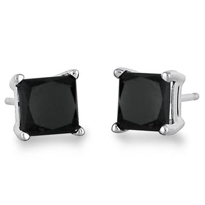 1.00 Carat Genuine Princess Black Diamond Solitaire Earrings in .925 Sterling Silver