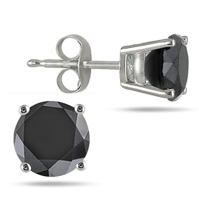 2 Carat TW Round Solitaire Black Diamond Stud Earrings in .925 Sterling Silver