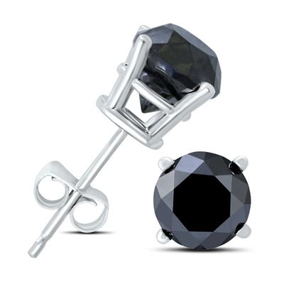 2 Carat TW Round Black Diamond Solitaire Stud Earrings in 10K White Gold 