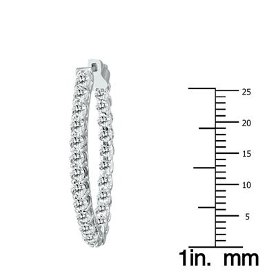 3 CTW Oval Natural Diamond Hoop Earrings with Push Button Locks in 14K White Gold