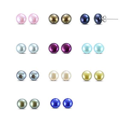 Multi Colored Freshwater Cultured Pearl Stud Earrings in .925 Sterling Silver - 11 Piece Box Set