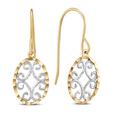 Oval Dangle Drop Earrings in 10K Yellow Gold with White Rhodium Plating