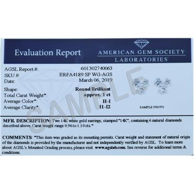 AGS Certified 1 Carat TW Three Stone Diamond Earrings in 14K White Gold