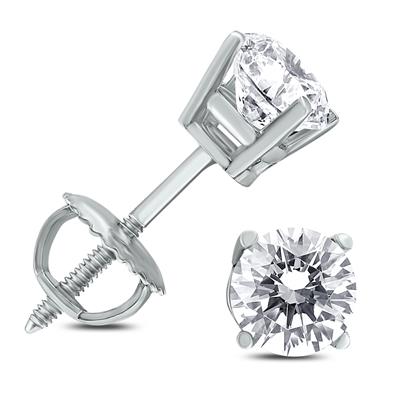 1/2 Carat TW (J-K,VS1-VS2) AGS Certified Round Diamond Solitaire Stud Earrings in 14K White Gold