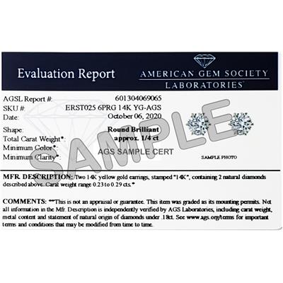 AGS Certified 1/4 Carat TW 6 Prong Round Diamond Solitaire Stud Earrings In 14k Yellow Gold