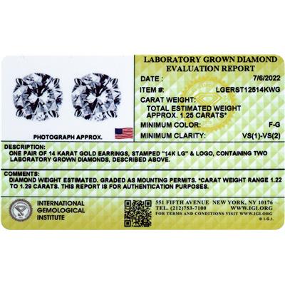 Certified 1.25 Carat TW Lab Grown Diamond Solitaire Earrings in 14K White Gold (F-G Color, VS1-VS2 Clarity)