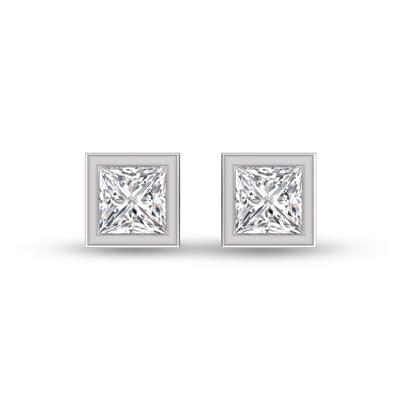 Lab Grown 1 Carat Princess Cut Bezel Set Solitaire Diamond Earrings in 14K White Gold