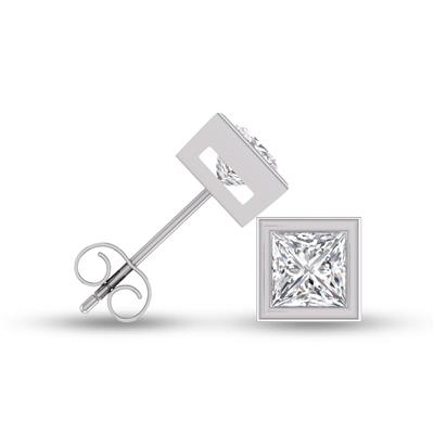 Lab Grown 1 Carat Princess Cut Bezel Set Solitaire Diamond Earrings in 14K White Gold