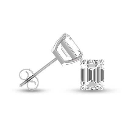 Lab Grown 1 Carat Emerald Cut Solitaire Diamond Earrings in 14K White Gold