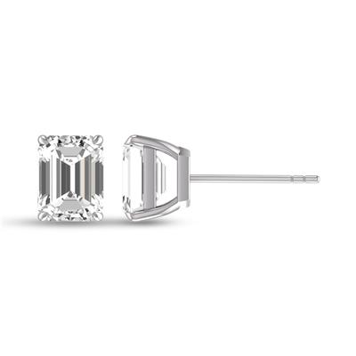 Lab Grown 1 Carat Emerald Cut Solitaire Diamond Earrings in 14K White Gold