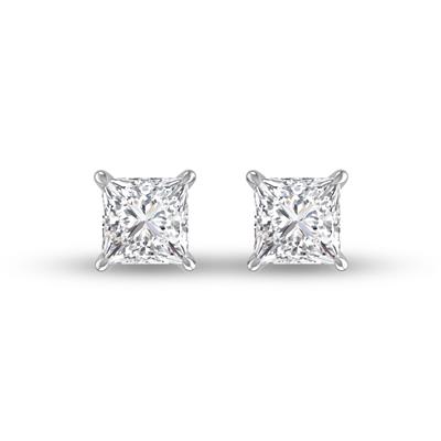 Lab Grown 1 Carat Princess Cut Solitaire Diamond Earrings in 14K White Gold