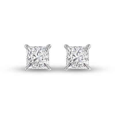 Lab Grown 1 Carat Princess Cut Solitaire Diamond Earrings in 14K White Gold