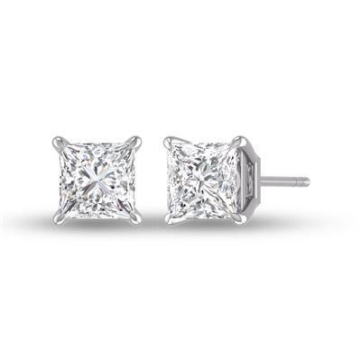 Lab Grown 1 Carat Princess Cut Solitaire Diamond Earrings in 14K White Gold