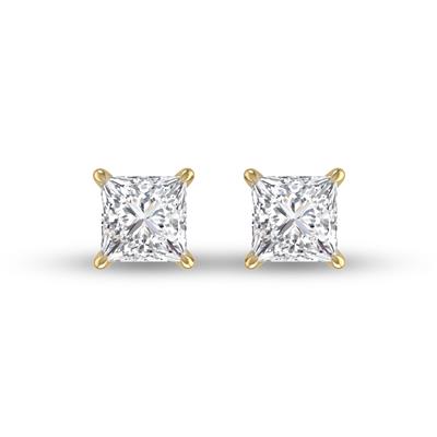 Lab Grown 1 Carat Princess Cut Solitaire Diamond Earrings in 14K Yellow Gold