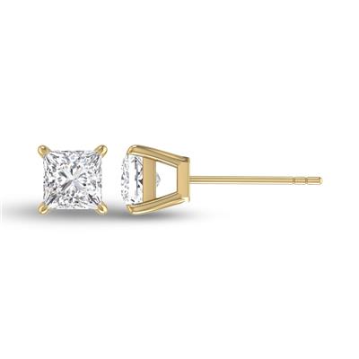 Lab Grown 1 Carat Princess Cut Solitaire Diamond Earrings in 14K Yellow Gold