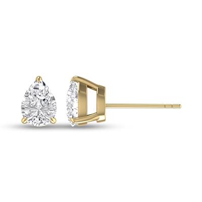 Lab Grown 3/4 Carat Pear Shaped Solitaire Diamond Earrings in 14K Yellow Gold