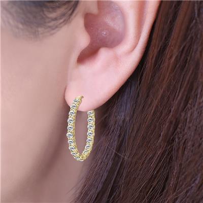10 Carat TW Oval Diamond Hoop Earrings with Push Button Locks in 14K Yellow Gold