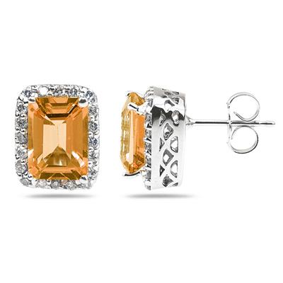 3.75ctw Emerald Cut Citrine and Diamond Earrings in 14K White Gold