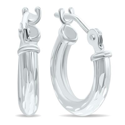 10K White Gold Shiny Diamond Cut Engraved Hoop Earrings (12mm)