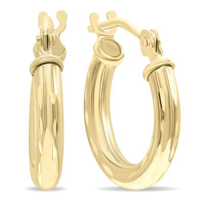 10K Yellow Gold Shiny Diamond Cut Engraved Hoop Earrings (14mm)