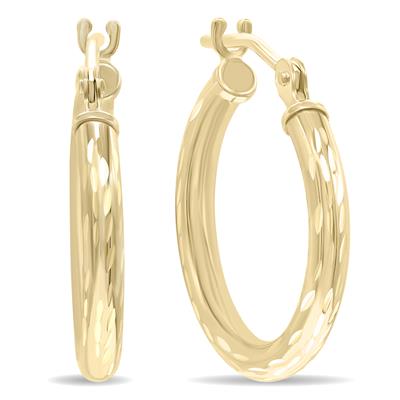 10K Yellow Gold Shiny Diamond Cut Engraved Hoop Earrings (16mm)