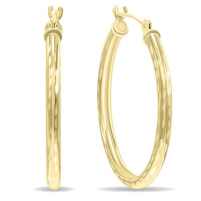 10K Yellow Gold Shiny Diamond Cut Engraved Hoop Earrings (25mm)