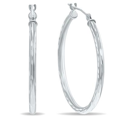 10K White Gold Shiny Diamond Cut Engraved Hoop Earrings (30mm)