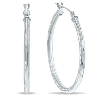 10K White Gold Shiny Diamond Cut Engraved Hoop Earrings (30mm)