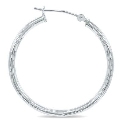 10K White Gold Shiny Diamond Cut Engraved Hoop Earrings (30mm)