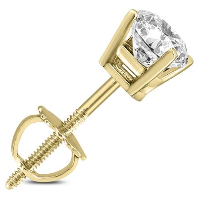 AGS Certified 1 Carat Round Single Stud Diamond Earring in 14K Yellow Gold