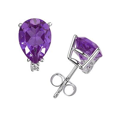 7X5mm Pear Amethyst and Diamond Stud Earrings in 14K White Gold