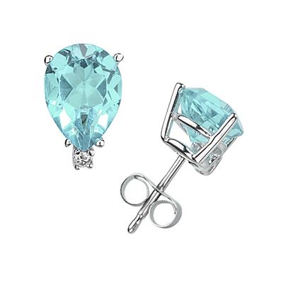 9X7mm Pear Aquamarine and Diamond Stud Earrings in 14K White Gold