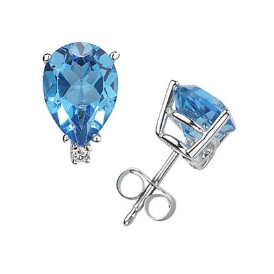 6X4mm Pear Blue Topaz and Diamond Stud Earrings in 14K White Gold