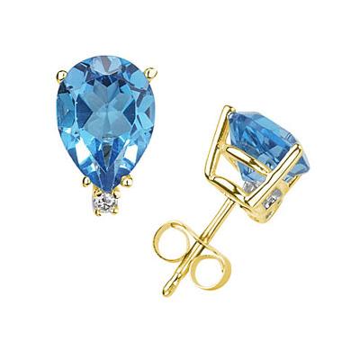 7X5mm Pear Blue Topaz and Diamond Stud Earrings in 14K Yellow Gold