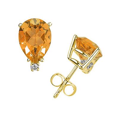 8X6mm Pear Citrine and Diamond Stud Earrings in 14K Yellow Gold